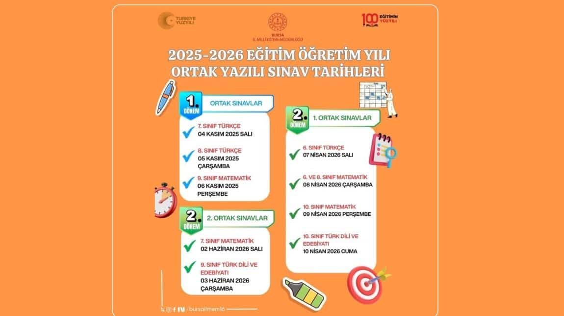 2025-2026 EĞİTİM-ÖĞRETİM YILI ORTAK YAZILI SINAV TARİHLERİ